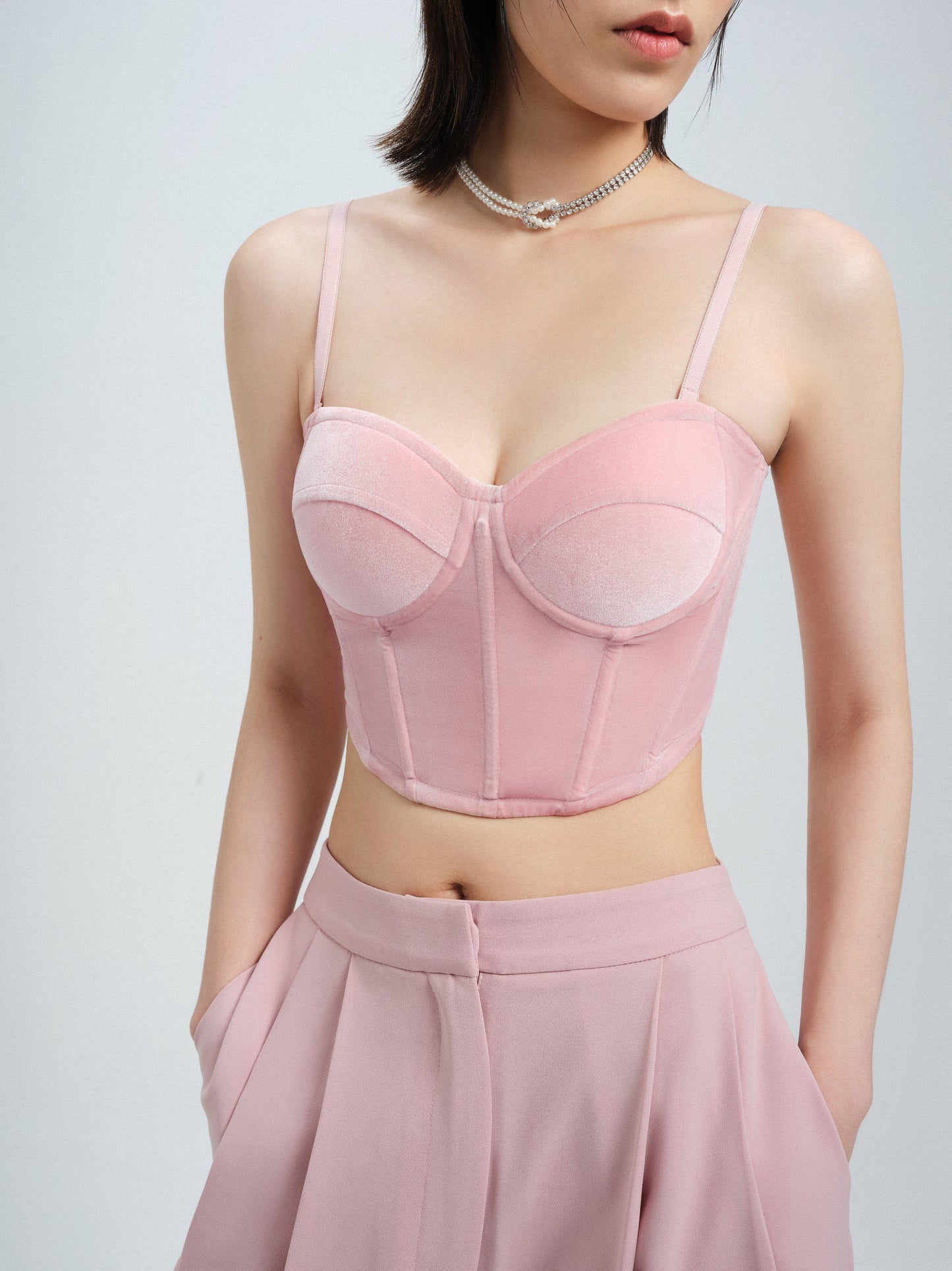 PINK VELVET STRAPLESS CORSET TOP