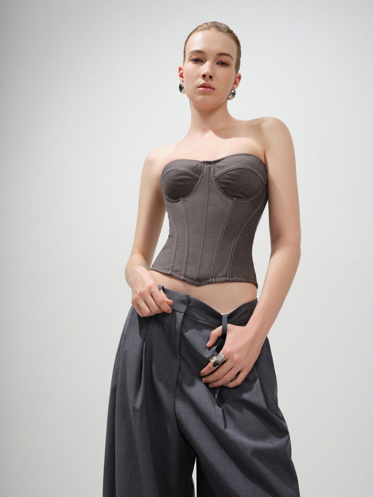 GREY STRAPLESS CORSET TOP