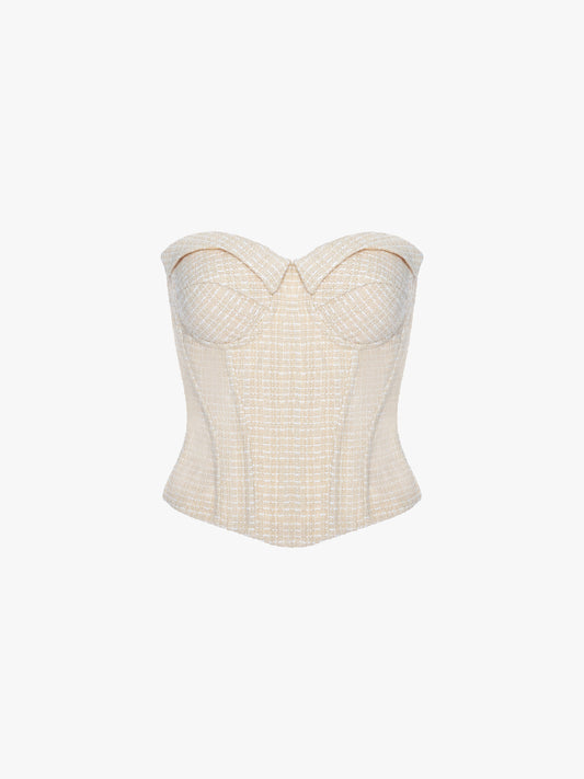 BEIGE JACQUARD STRAPLESS CORSET TOP